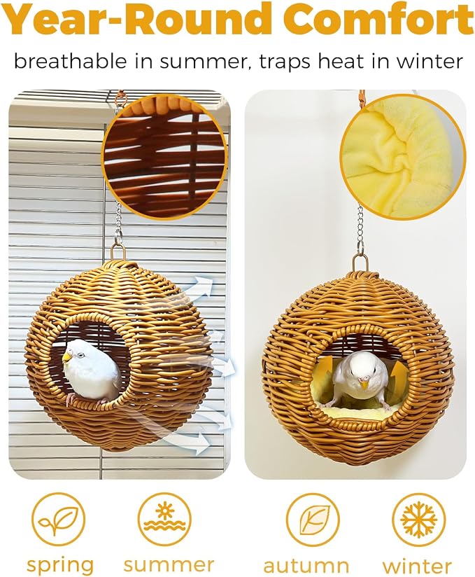 Chewproof Steel Frame Bird Nest for Cage, Washable Small Bed Hammock | Bird Hideout Lay Eggs Parakeet Nest Sleep Rest, Parakeet Warm Bed House Hut for Lovebird, Canary, Budgie, with Cushion