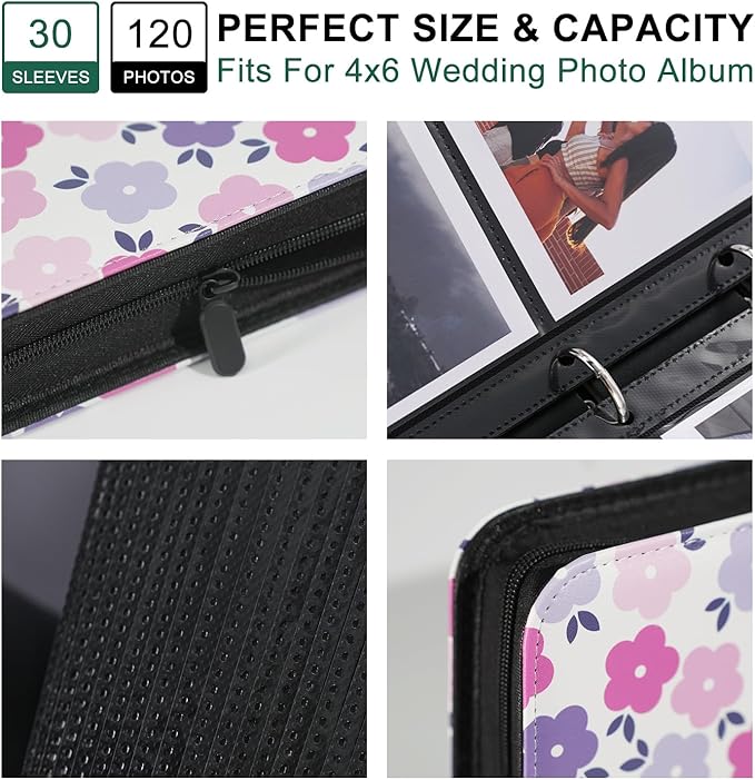 Photo Album 4x6 Pictures,120 Pockets Binder Premium Vegan Leather Cover for Family Wedding Anniversary Baby Kids Vacation. (Flat Floral)