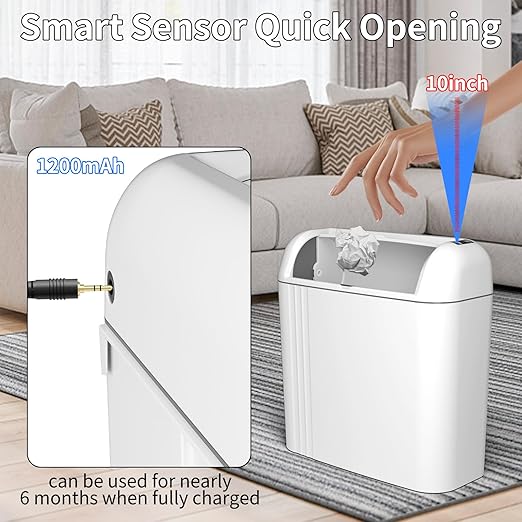 Smart Trash Can with Lid, 3.5 Gallon Infrared/Vibration Sensing Electric Garbage Can, Waterproof Automatic Trash Bin, Inteligent Induction Wastebasket for Bathroom, Bedroom, Powder Room, Living Room
