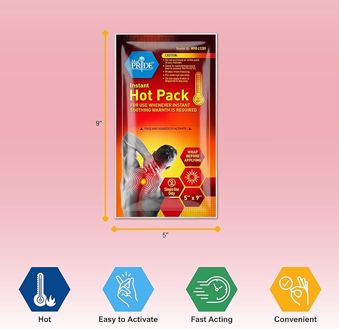 MED PRIDE Instant Hot Packs Disposable for Pain Relief, Activates Instantly, 5in X 9in (24-Pack), Includes 3 Fabric Wraps