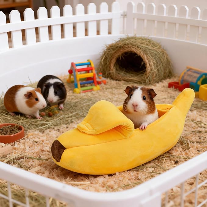 Midollarle Guinea Pig Bed, Plush Banana Snuggle Sack Hideout, Yellow S | 13.7 x 5.1 x 4.7 in S Size, Banana Cave, Peel-Open Design, PP Cotton Plush, Machine Washable, Ferrets and Hedgehogs
