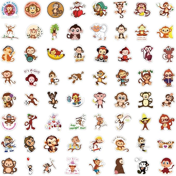 60Pcs Cute Monkey Stickers for Kids Teens Adults, Vinyl Cartoon Animals Decals Kawaii Sticker for Decor Water Bottles Laptops Guitar Scrapbook (Monkey)