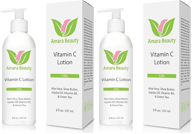 Amara Beauty Vitamin C Face & Body Lotion 15% - with Shea Butter & Jojoba Oil - 8 oz (Pack of 2)