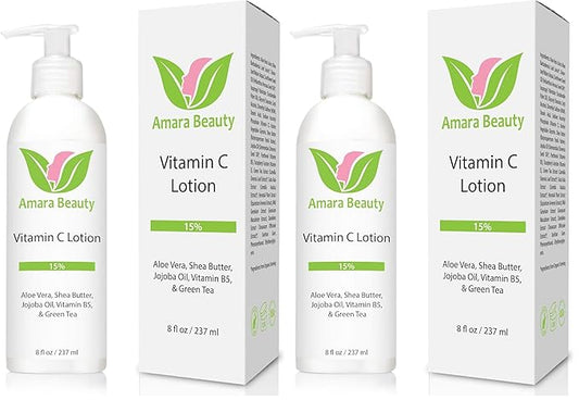 Amara Beauty Vitamin C Face & Body Lotion 15% - with Shea Butter & Jojoba Oil - 8 oz (Pack of 2)