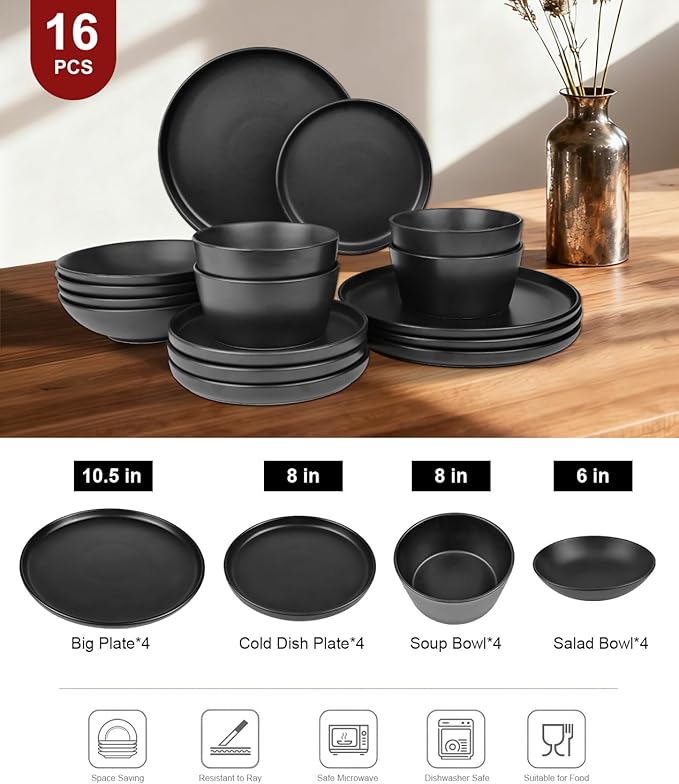 Matte Black Dish Plates and Bowls,16 Pieces Dinnerware Sets, Service for 4 Ceramic Dishware Dishes Set,Microwave and Dishwasher Safe