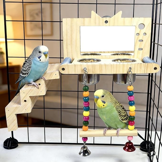 Bird Perch Platform with Mirror Ladder Swing Bowl,Parrot Play Gym Cage Toys | Bird Wood Playing Exercise Stands Perches,Parakeet Climbing Ladder Playground Cage Accessories for Cockatiel Budgie Lovebird