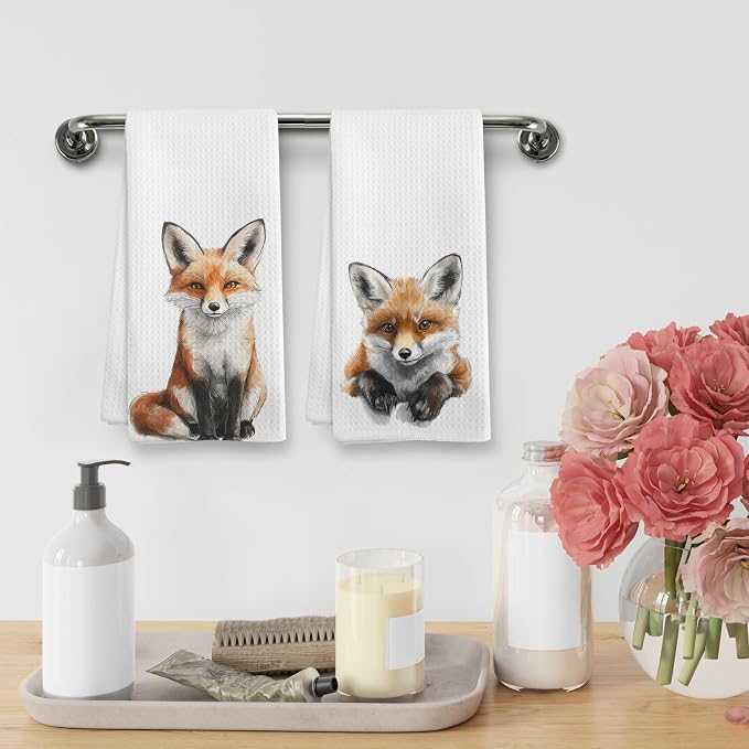 Funny Fall Fox Kitchen Towels and Dishcloths Sets of 2, Fox Decor Stuff Gifts, Woodsy Rustic Cabin Lodge Forest Nursery Home Hunting Decor Dish Hand Tea Towels for Bathroom Kitchen, 16x24Inch