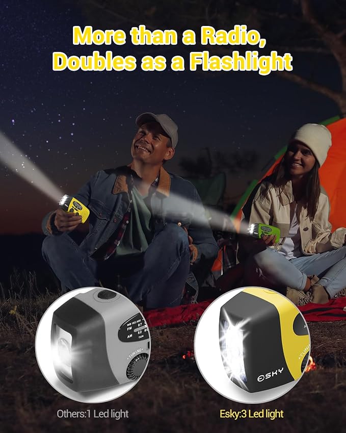 Esky Emergency Hand Crank Radio with 3 LED Flashlight, AM/FM/NOAA Portable Weather Radio with 2000mAh Rechargable Battery, Solar Powered USB Charged Radio for Indoor Outdoor Camping, SOS Alarm