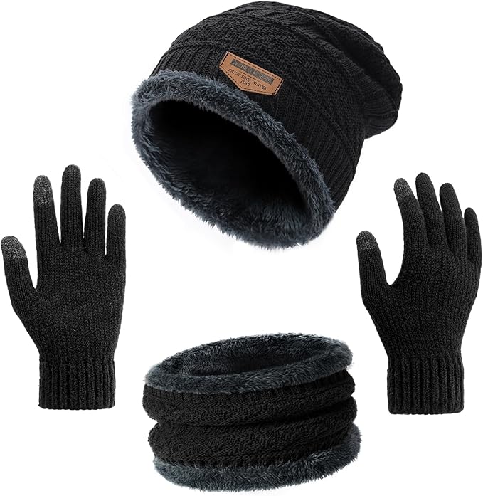 Winter Beanie Hat Circle Scarf Touchscreen Gloves Set, Snow Knit Skull Cap, Warm Thick Fleece Lined Neck Warmer for Men Women