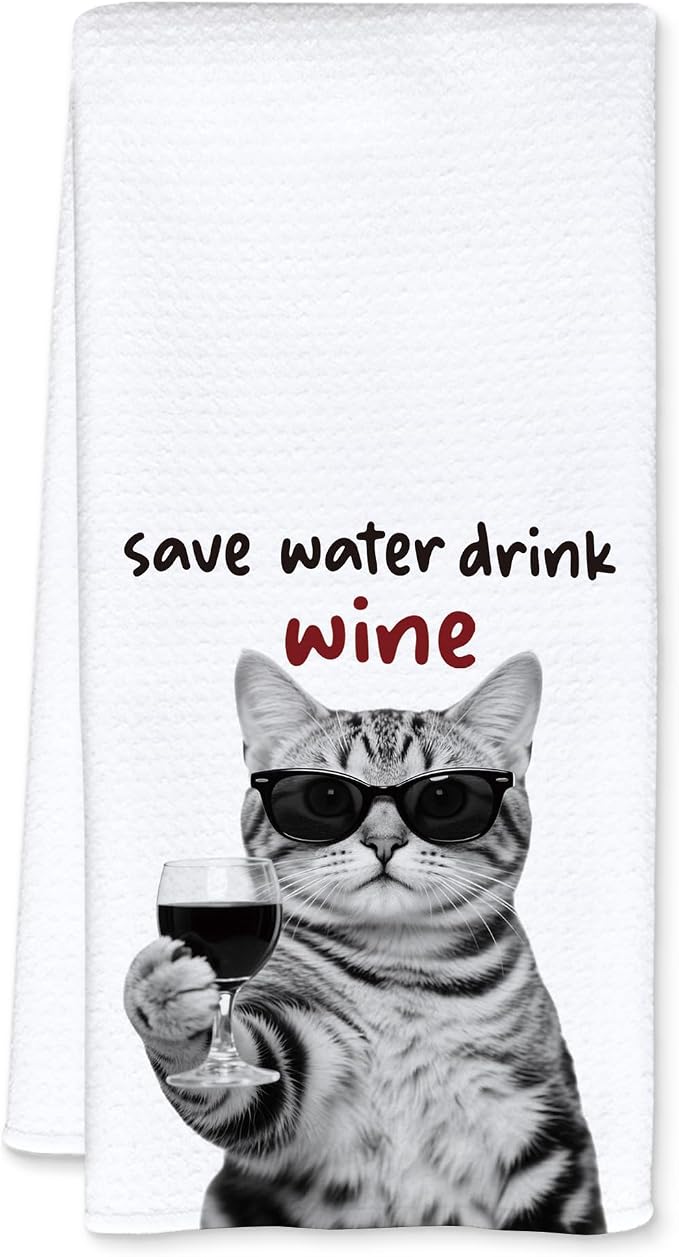 Funny Tabby Cat Kitchen Towels, Cat Lover Mom Dad Gifts Dish Tea Towels, Save Water Drink Wine Lover Gifts Decorative Bar Towel for Bartender Kitchen, 16x24 Inch
