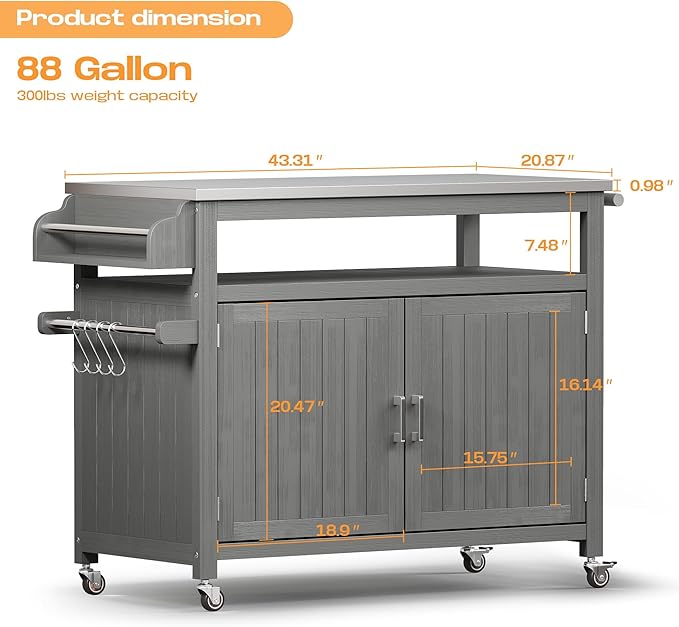 FUQARHY 43.3-Inch Outdoor Kitchen Island with Storage Cabinet and Stainless Steel Top, Solid Wood Prep Station Grill Table with Lockable Wheels for Patio, Backyard, Party (Gray)