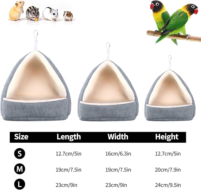 Medium Winter Warm Bird House and Bird Bed for Cage | Bird Bed with Soft Plush Hanging Hammock & Hut Tent, Hideaway Sleeping Nest for Budgies, Parakeets, Cockatiels (Grey, M)