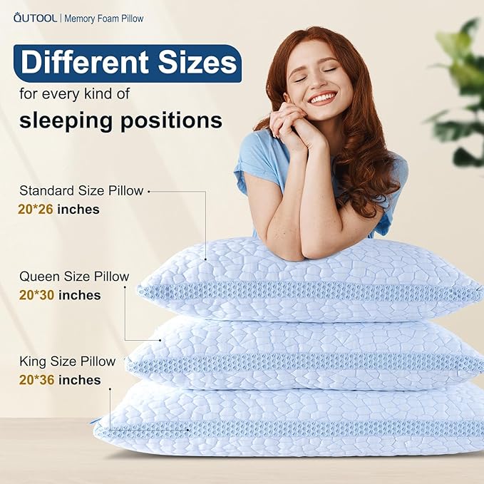 QUTOOL Enhanced Cooling Pillows for Sleeping, CertiPUR-US Shredded Memory Foam Pillows King Size Set of 1 for Hot Sleeper, Adjustable Bed Pillow for Side, Back, Stomach Sleepers Support Yet Soft, Blue