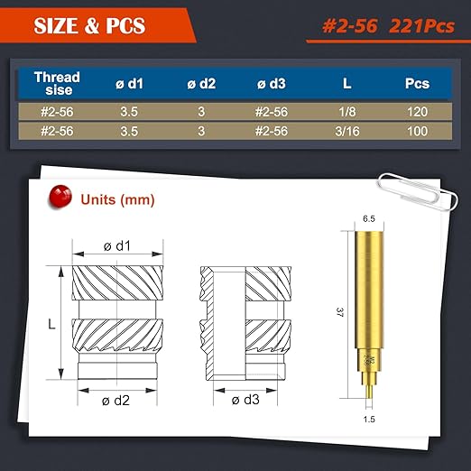 221Pcs #2-56 Threaded Inserts,Female Thread SAE Knurled Nuts Assortment Kit, Brass Heat Set Insert for Plastic and 3D Printing Components (#2-56 * 1/8 * 3.5, #2-56 * 3/16 * 3.5)