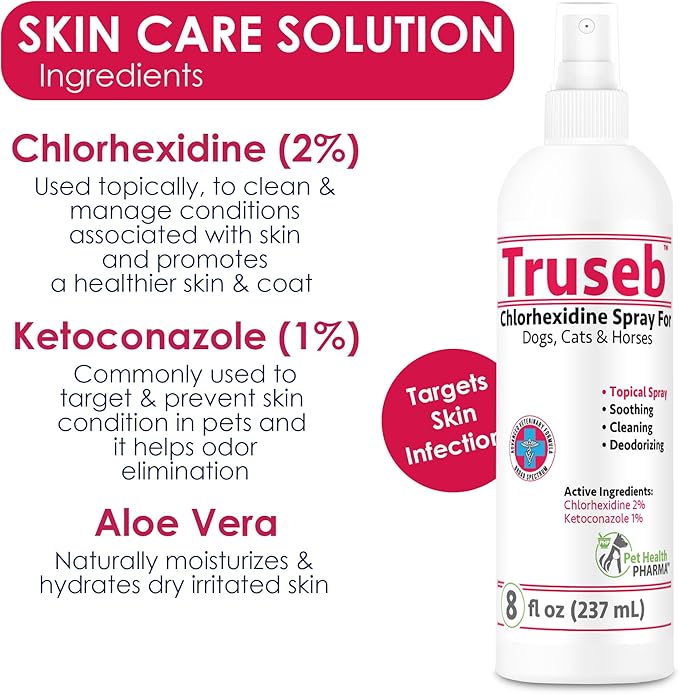 Truseb All Natural Chlorhexidine Spray Topical Ketoconazole and Chlorhexidine Spray for Dogs, Cats & Horses with Aloe Vera (USA) (Ketoconazole & Chlorhexidine Spray, 16 oz)