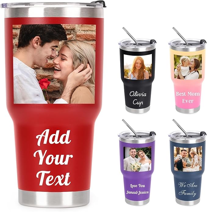 Personalized Tumbler with Picture Text Name Logo, 30oz Stainless Steel Custom Coffee Mug cup with Lid Straw, Christmas Anniversary Wedding Birthday Thank You Gifts for Women Men Kids