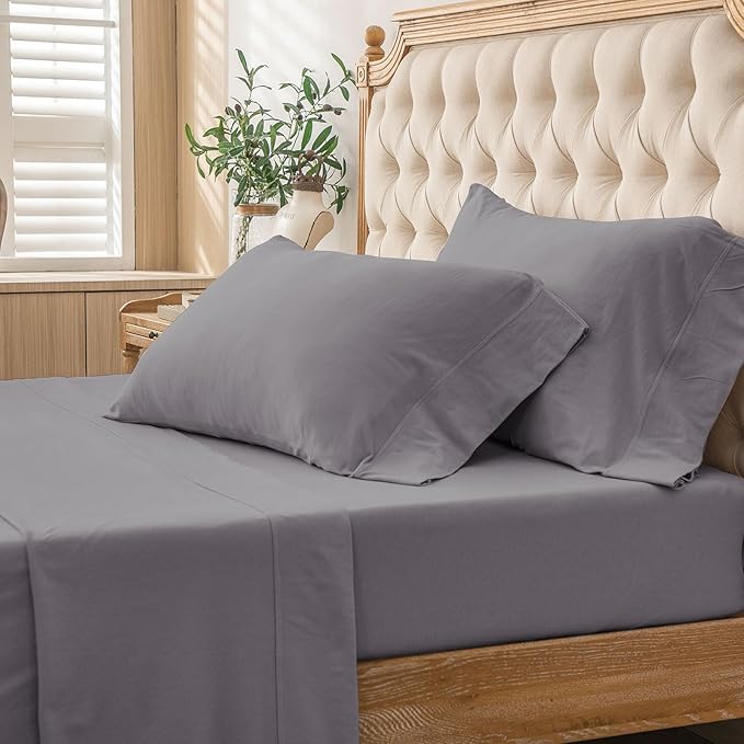 PURE ERA Jersey Knit 4pc Bed Sheet Set 100% T-Shirt Cotton Super Soft Comfy Breathable Fits Mattress Up to 20" Extra Deep Pocket (Solid Grey Purple, King)