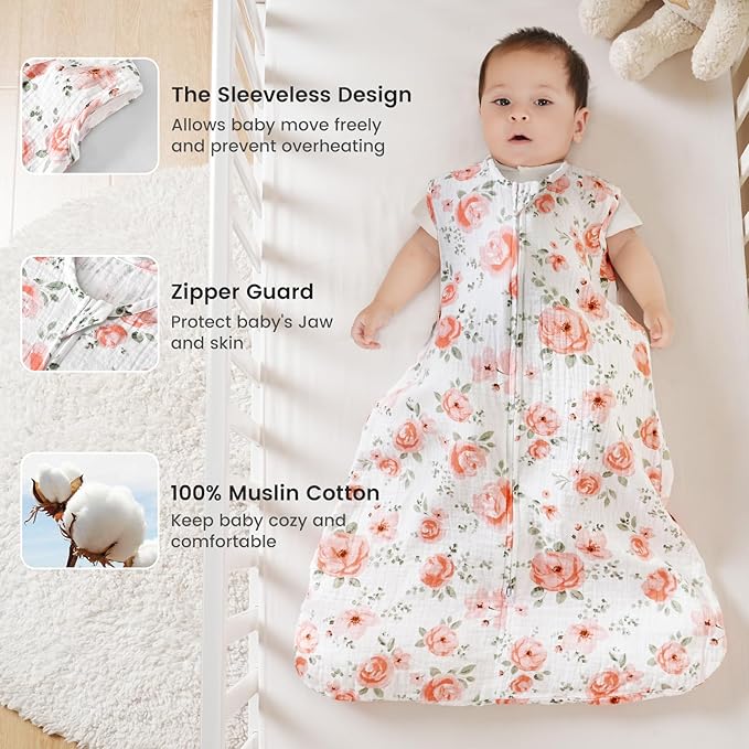 PHF 100% Muslin Cotton Baby Sleep Sacks, 18-24 Months Sleep Sack with 2-Way Zipper, 2 Pack Cooling 0.5 TOG Breathable X-Large Size Sleeveless Baby Wearable Blanket for Baby Girl, Floral
