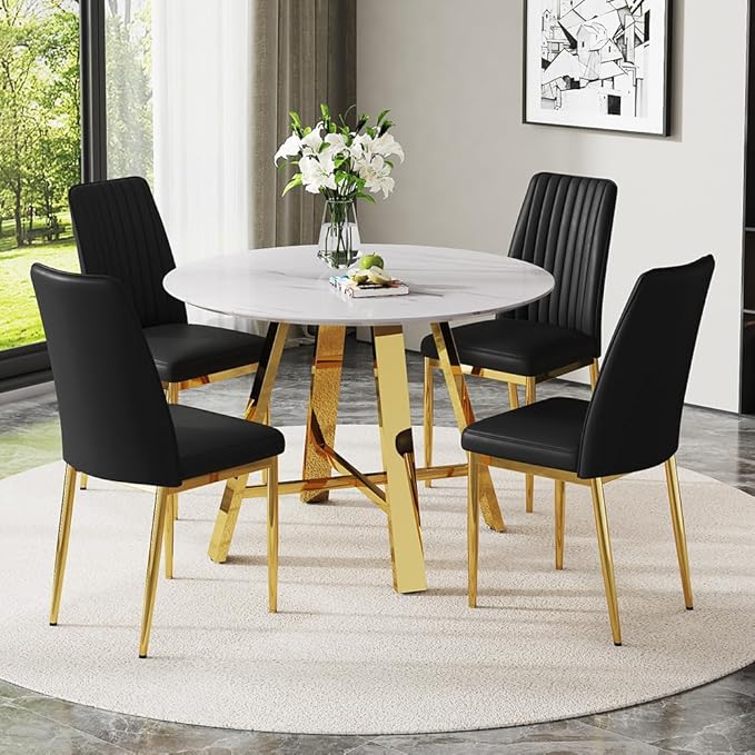 Round Dining Table Set for 4, Modern Kitchen Dining Table Chairs Set for 4, 42" Faux Marble Dining Room Table Set & 4 PU Leather Chairs for Kitchen Living Office Cafe Small Space