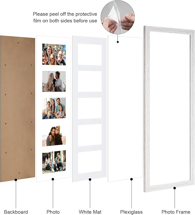 8x24 Collage frame with 5 Openings 4X6 Pictures, Multiple Picture Frame with Mat, Wall or Tabletop Decor, White Wood Grain (1 Pack)