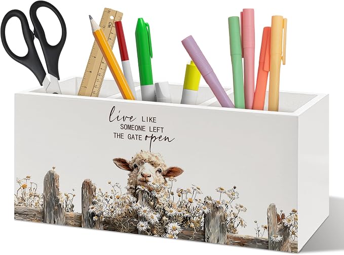 Rustic Sheep Pen Holder Organizer, Farmhouse Sheep Gifts for Women Desk Decor, Live Like Someone Left the Gate Open Wooden Pen Pencil Holders for Vintage Desk Accessories