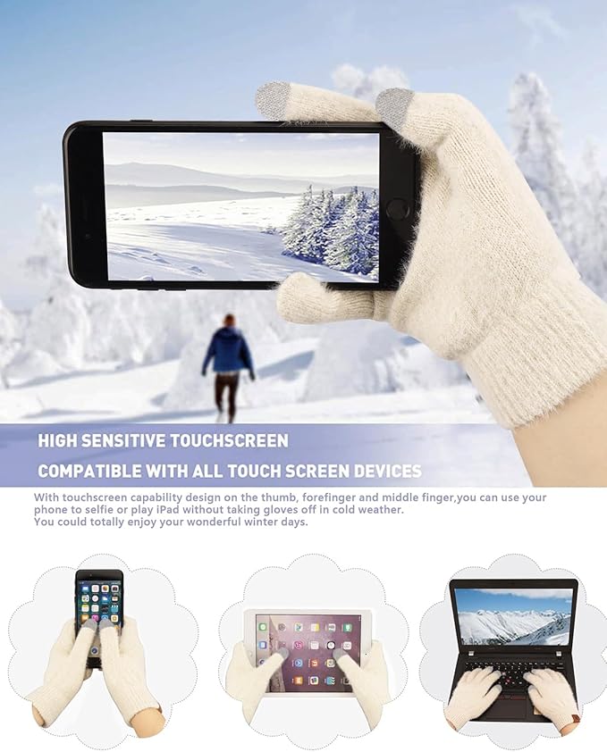 Womens Winter Warm Knit Beanie Hat Touchscreen Gloves Long Neck Scarf Set with Fleece Lined Skull Caps Gifts for Women