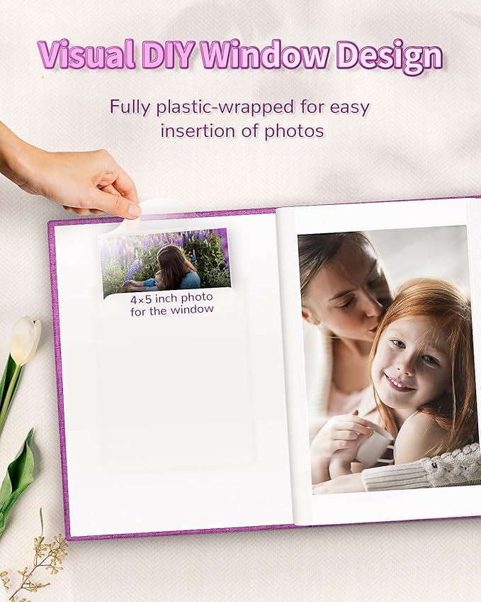 Photo Album 4x6 with 100 Pockets,Slip-in Picture Albums,Linen Cover Memory Book with Front Window,White Page Vertical Photo Book for Wedding,Family,Anniversare,Baby,Vacation