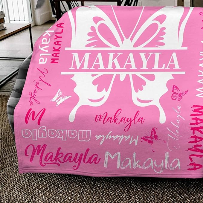Personalized Baby Blanket for Girls Custom Birthday Blanket with Name Soft Pink White Text Pattern Personalized Name Blankets for Kids Daughter Granddaughter Friends on Birthday