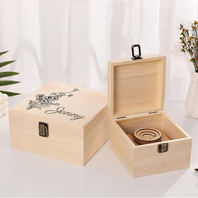 Personalized Wooden Keepsake Memory Box with Birth Flower & Name, Custom Wood Decorative Storage Box with Lids Customized Christmas Gift Box for Women Teen Girls Mom Birthday Gifts