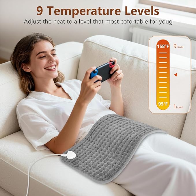 Heating Pad for Back Pain & Period Cramps Relief, 9 Heat Settings Electric Heating Pad for Neck & Shoulder, Auto Shut Off, Soft Machine Wash Fabric, Gifts for Mom, Women, 12''x24'', Gray