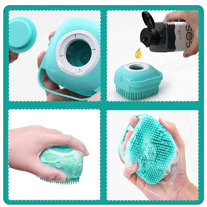 Pet Grooming Bath Massage Brush with Soap and Shampoo Dispenser Soft Silicone Bristle for Long Short Haired Dogs Cats Shower (Yellow)