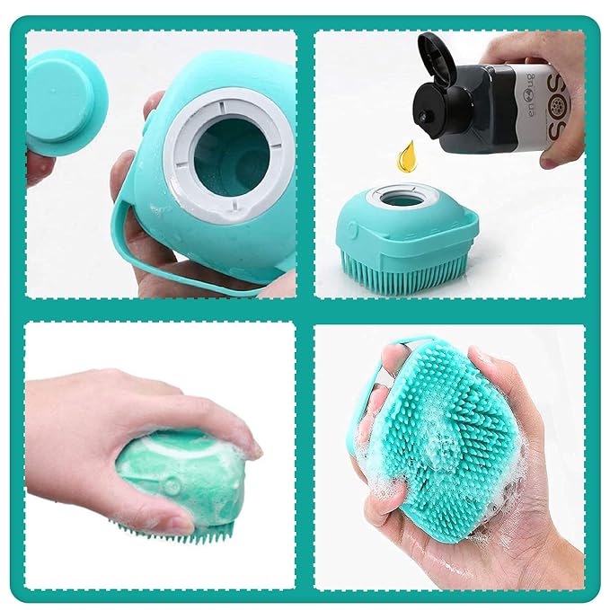 Pet Grooming Bath Massage Brush with Soap and Shampoo Dispenser Soft Silicone Bristle for Long Short Haired Dogs Cats Shower (Blue)