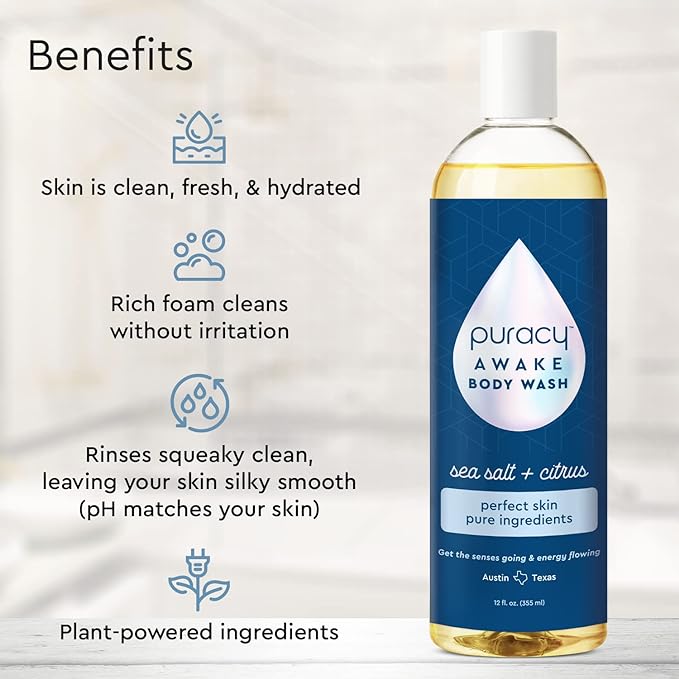 Puracy Body Wash, Natural Body Wash, 98.6% Pure Plant Ingredients, Moisturizing Shower Gel for Women Men Kids, Body Soap for Dry Sensitive Skin. Gently Scented with Citrus & Sea Salt, 12 Oz