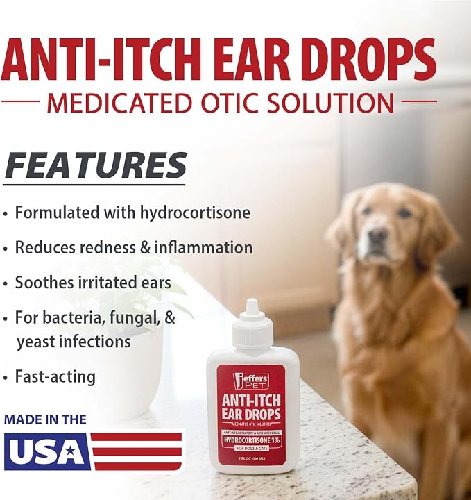 Jeffers Anti-Itch Ear Drops for Dogs & Cats, 2 fl oz -1% Hydrocortisone Otic Solution, Soothes Itchy Ears, Supports Ear Comfort & Hygiene, Clean & Refreshes, Safe for Puppies, Kittens, Adult Pet