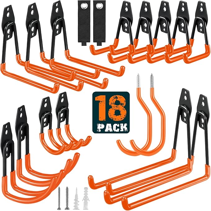 18 Pack Garage Hooks Heavy Duty Utility Steel with Anti-Slip Coating Wall Mount Storage Organizer for Hanging Power and Garden Tools, Ladders, Hose, Bikes, Ropes, Bulk Items, and More