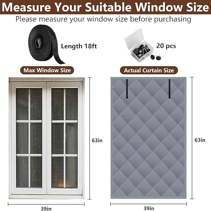 3 Layer 63 x 39 Inches Winter Insulated Window Cover-Oxford Thermal Insulated Window Blanket with Fastener-Gray Window Insulation Kit for Winter Keeping Warm