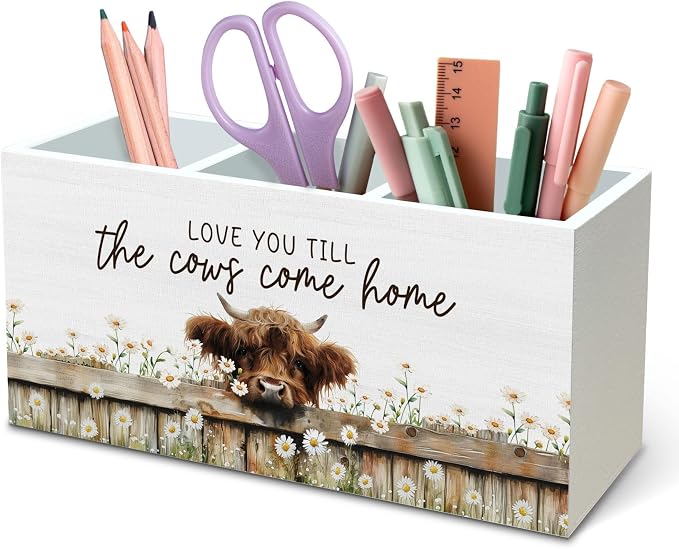 DILSJ Highland Cow Decor Pen Pencil Holder Organizer for Desk, Highland Cow Gifts for Women, Love Your Till the Cows Come Home Wooden Box Signs for Home Office Desk Tabletop Decoration