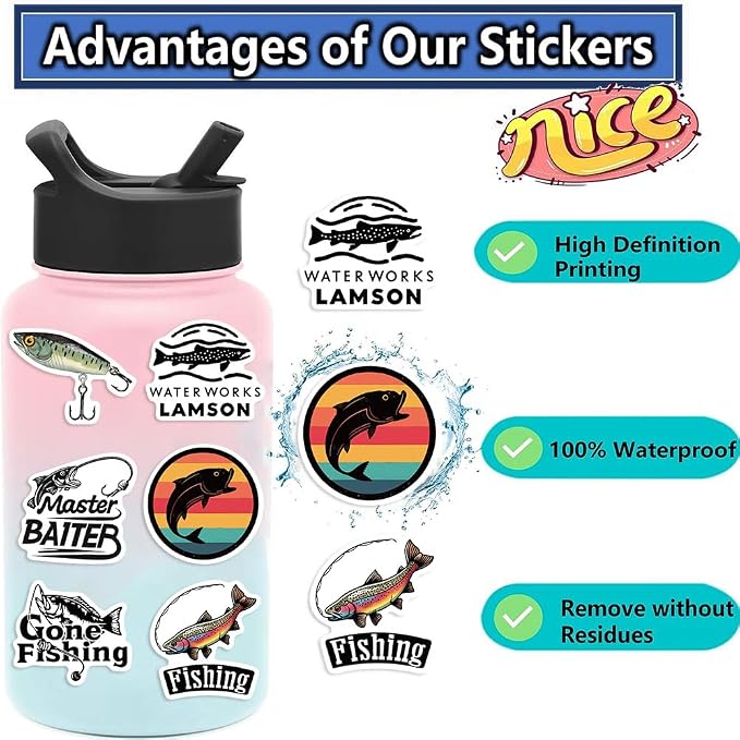 50Pcs Go Fishing Sticker, Cute Fish Stickers for Kids Teens Adults, Vinyl Cartoon Animals Decals Kawaii Outdoor Fishing Sticker for Decor Water Bottles Laptops Guitar Scrapbook