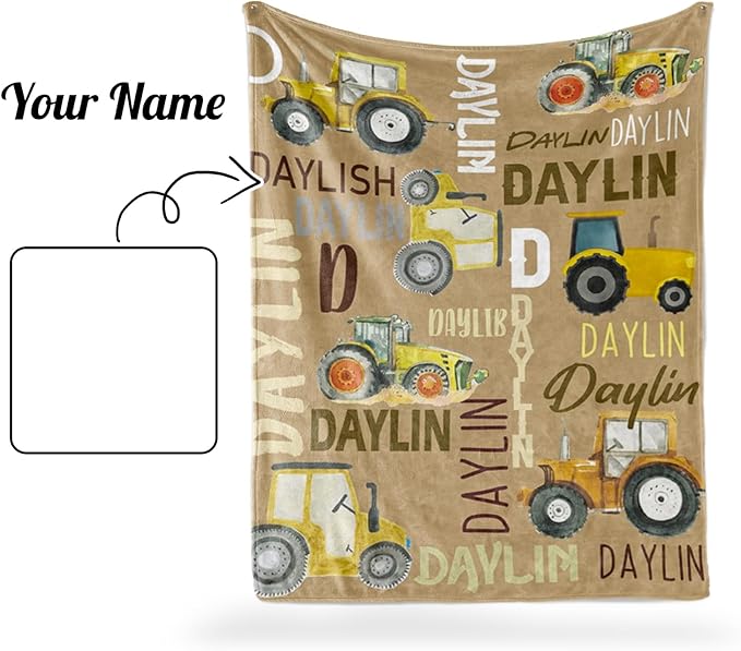 Personalized Tractors Blanket - Custom Name with Farm Tractor Trucks Design - Soft Plush Flannel Bed Blanket for Baby Kid Teen Boys Girls Customized Gifts Khaki