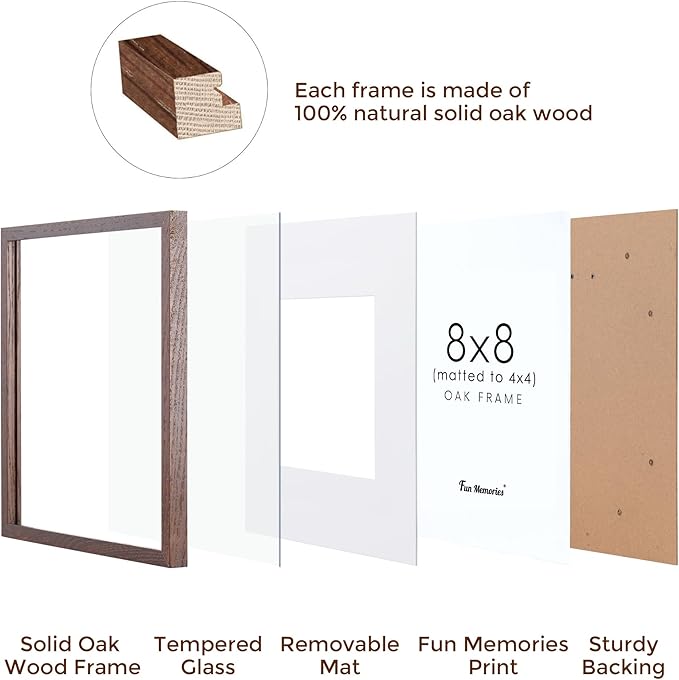 8x8 Square Picture Frame, Solid Oak Wood 8"x8" Photo Frames - Real Tempered Glass, 8x8 Frame with Stand for Tabletop Display, 8 x 8 Wood Frame for Wall (Walnut Color, 1 Pack)