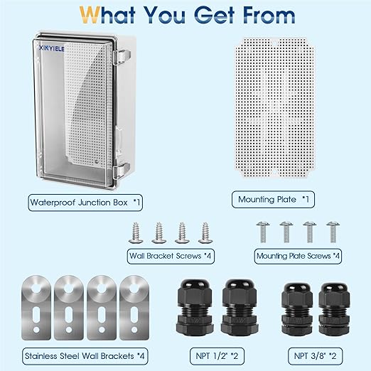 Waterproof Outdoor Project ABS Plastic Junction Box IP67 Weatherproof Dustproof Enclosure with Hinged Cover, Mounting Plate,Wall Brackets for Power Project (Clear,10.2"X6.3"X3.9")