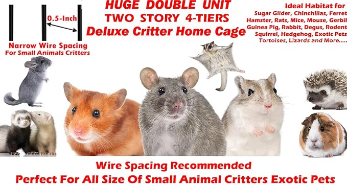 XX-Large 37"x24"x63"H Two Full Story Deluxe Double Unit Critter Cage Extra Large Double Large Front Doors Tight 1/2-inch Wire Spacing for Feisty Ferret Hammock Chinchilla Cat Sugar Glider On Wheels
