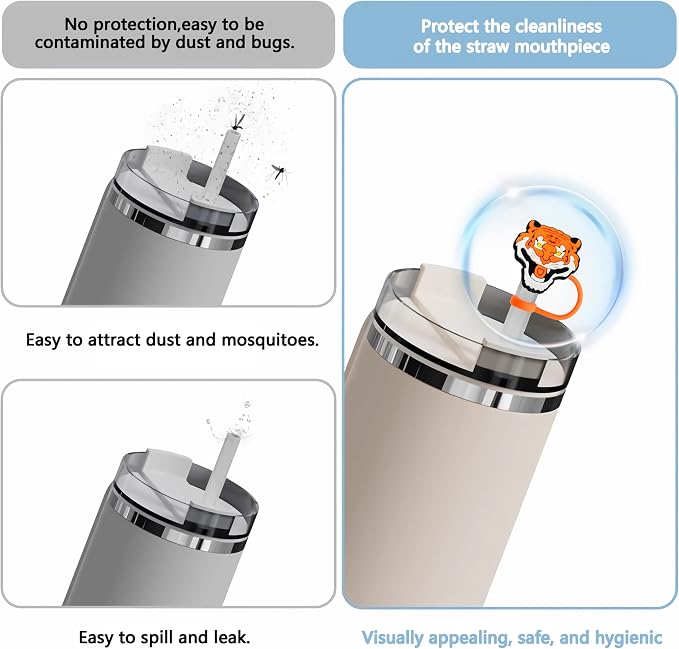 Animal Straw Toppers For Stanley Cups;Straw Covers Cap Toppers Compatible With Stanley 30&40 Oz Tumbler, Reusable & Silicone Tumbler Straws Topper For 0.4 Inch Tips Animal Lover Gifts (Tiger)
