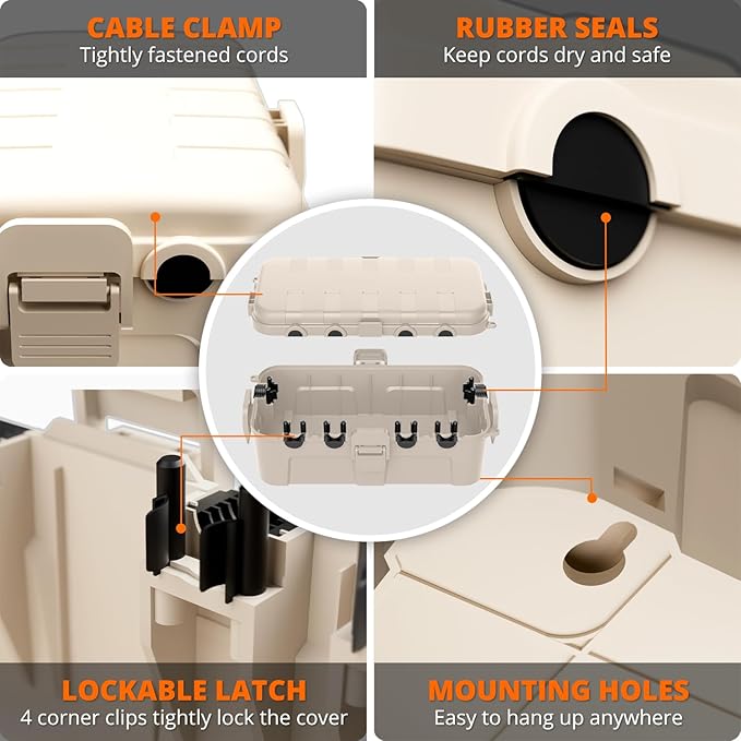 QUOBAS 2 Pack Outdoor Waterproof Electrical Box with 6 Cable Ports, IP54 Weatherproof Heavy-Duty Extension Cord Cover for Power Strips, Garden Power Tools, Holiday Lights, Almond