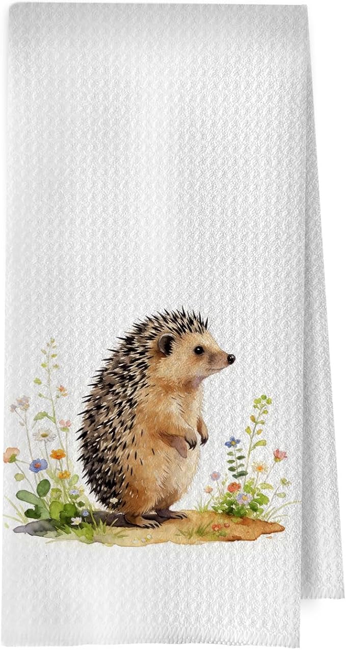 Hedgehog Gifts Kitchen Towels - Cute Wild Animal Botanical Decorative Waffle Dish Towels, Hedgehog Gifts for Women Hand Towel, Farmhouse Floral Tea Towe, 16x24 Inch