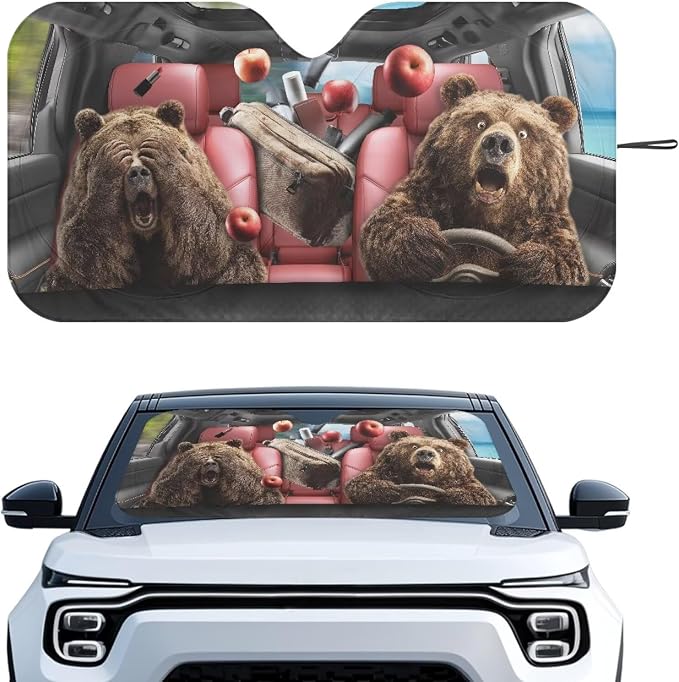 Funny Bears Windshield Sun Shade Foldable Universal Front Windshield Sun Shade with Storage Pouch Reflective Sun Blocker Fit for Most Car Van SUV Truck Car Accessories for Summer