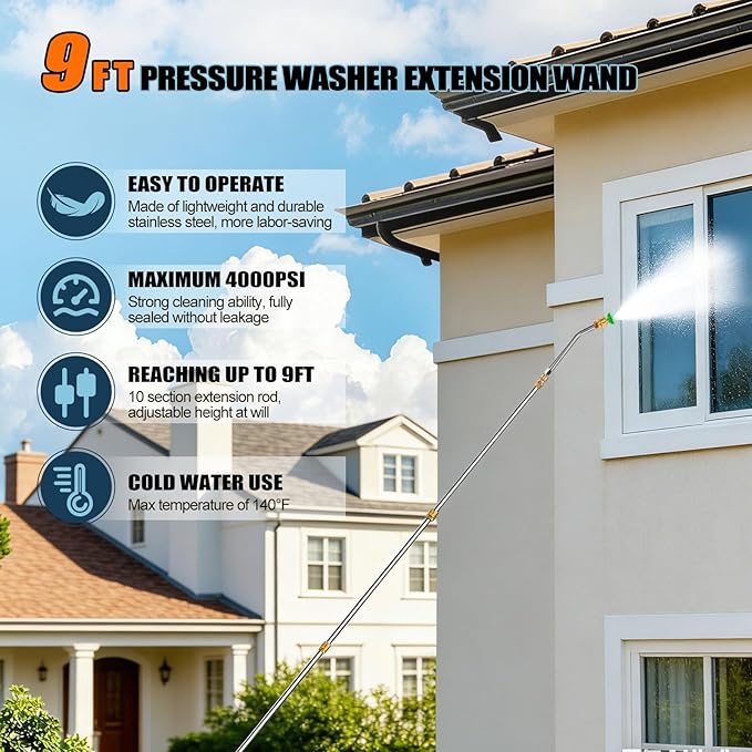 10 Pack 9 FT Gutter Cleaning Tools from the Ground, Pressure Washer Gutter Cleaner Attachment for Pressure Washer Wand with 6 Pressure Washer Nozzle Tips, 30°, 90°, 120° Gutter Cleaner Curved Rod