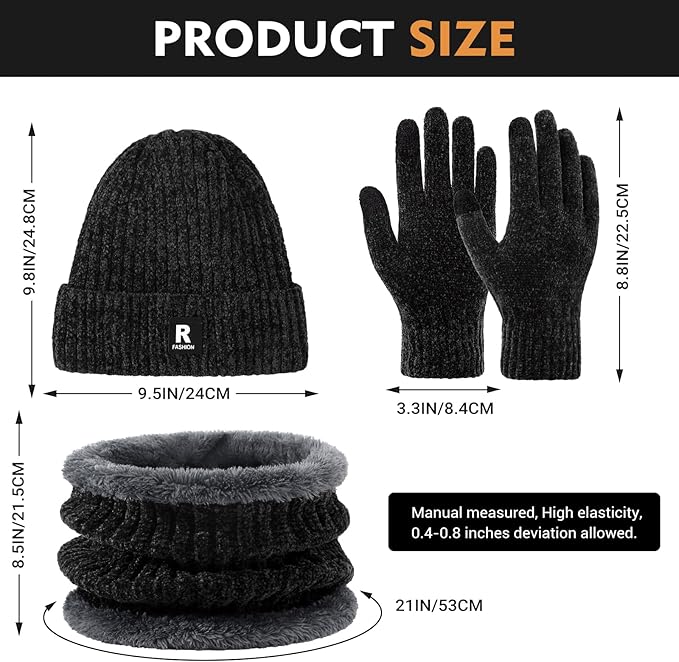 Winter Beanie Hat Circle Scarf Gloves Set for Men Women, Thick Warm Chenille Skull Cap Touchscreen Gloves Neck Warmer
