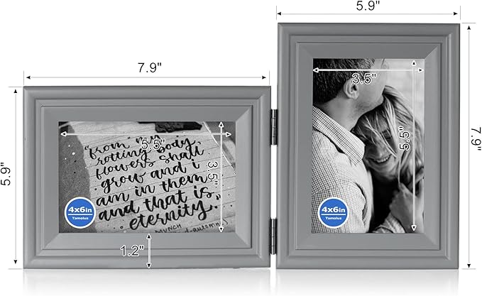 4x6 Double Hinged Picture Frame Folding Photo Frame Horizontal and Vertical in Gray Pine Wood with Real Glass for Tabletop X2-HUI-HS46