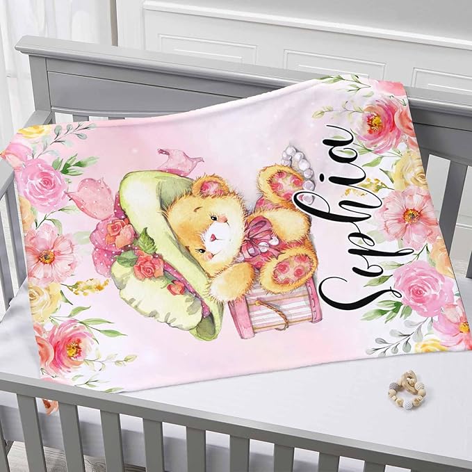 Ship Next Day, Personalized Baby Blankets with Name,Cute Little Bear Blankets for Kids,Super Soft Fleece Custom Baby Blanket for Boys,Girl, Personalized Gifts for Newborn